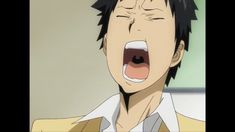 a closeup illustration of an anime boy with short brown hair wearing a white and yellow uniform. his mouth is wide open, and his eyes are squeezed shut as if he is screaming or yelling in surprise. the background is a simple light yellow, indicating an indoor setting, possibly a classroom.