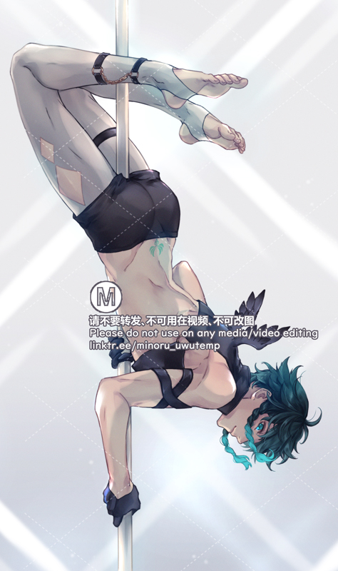this is an illustration of an anime boy with green hair and blue eyes, wearing black clothing. he is pole dancing with a silver pole in a white background. the light shines brightly on him, creating a shadow.