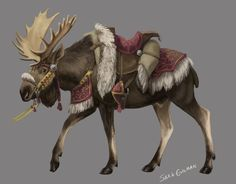an illustration depicts a moose with a saddle on its back and a harness on its head. the saddle is covered in white fur, and the harness is decorated with gold tassels. the moose is standing in a gray background.