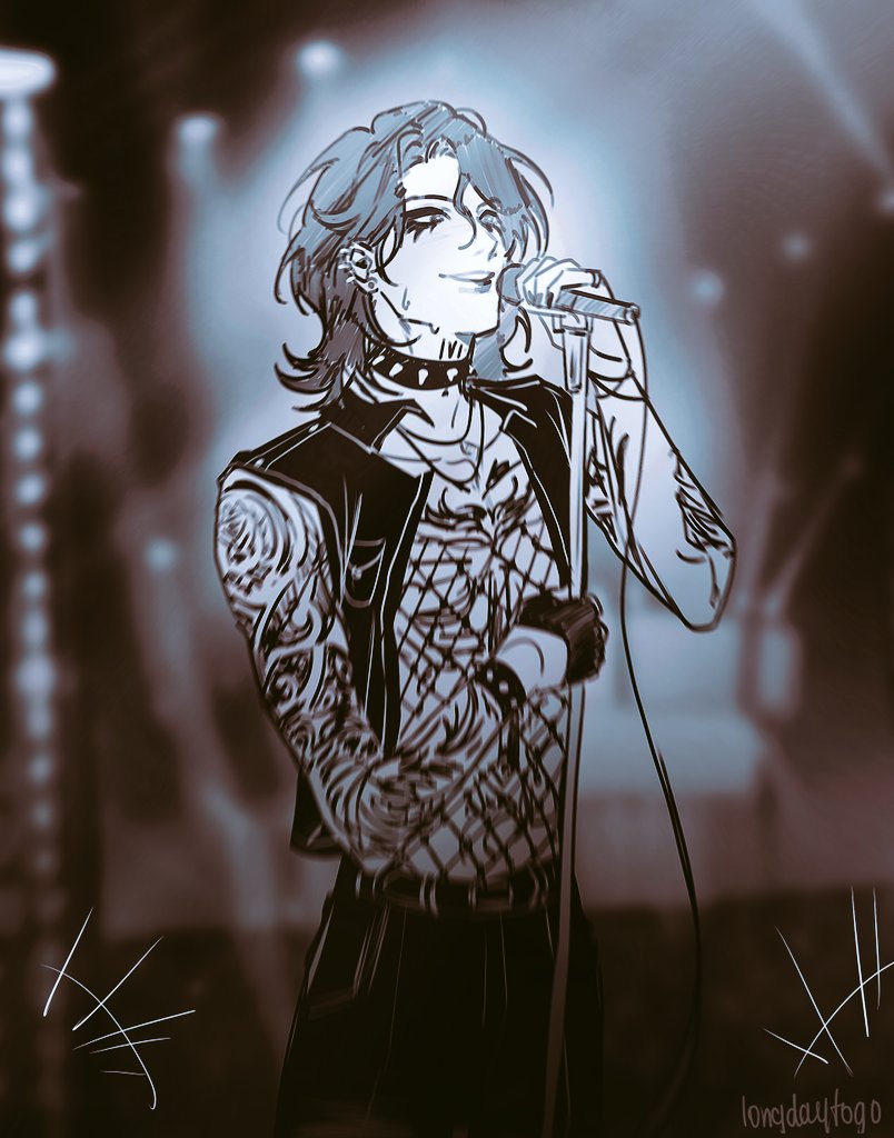 he image is a stylized drawing or digital painting of a male rockstar on stage, performing. he has long dark hair, tattoos on his arms, and is wearing a black leather jacket over a mesh shirt.  he is holding a microphone, and his expression is intense and emotional. the background is blurred, suggesting a concert setting with stage lights. the overall style is dark and dramatic, with a focus on the singer's expressive pose and the intensity of the performance. the artwork has a slightly sketchy, unfinished quality.