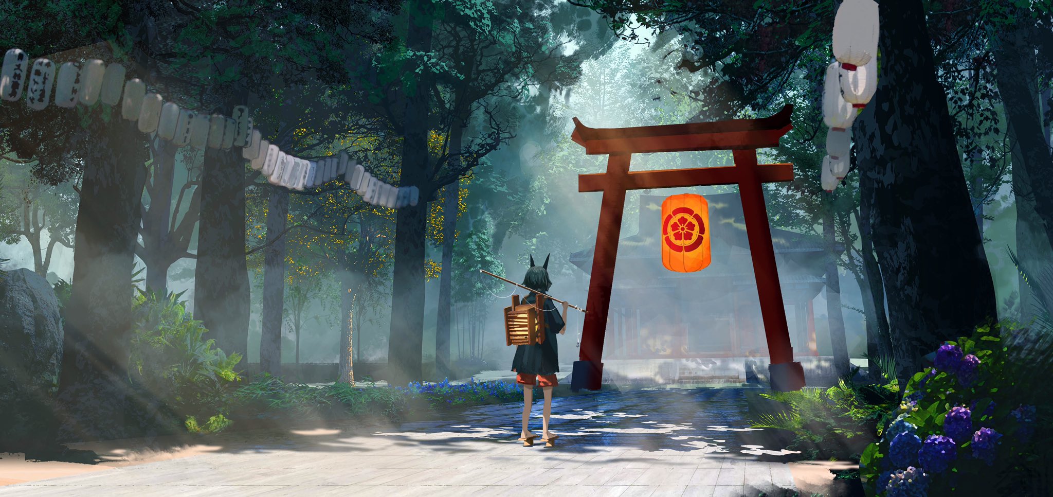 the digital painting shows an animestyle girl with dark hair and horns walking down a path towards a traditional japanese torii gate in a misty forest.  she carries a backpack and a walking stick.  paper lanterns hang from the trees along the path, creating a mystical and serene atmosphere. the scene is rich with detail and evokes a sense of peace and tranquility.  the overall style is reminiscent of fantasy art and japanese aesthetics.