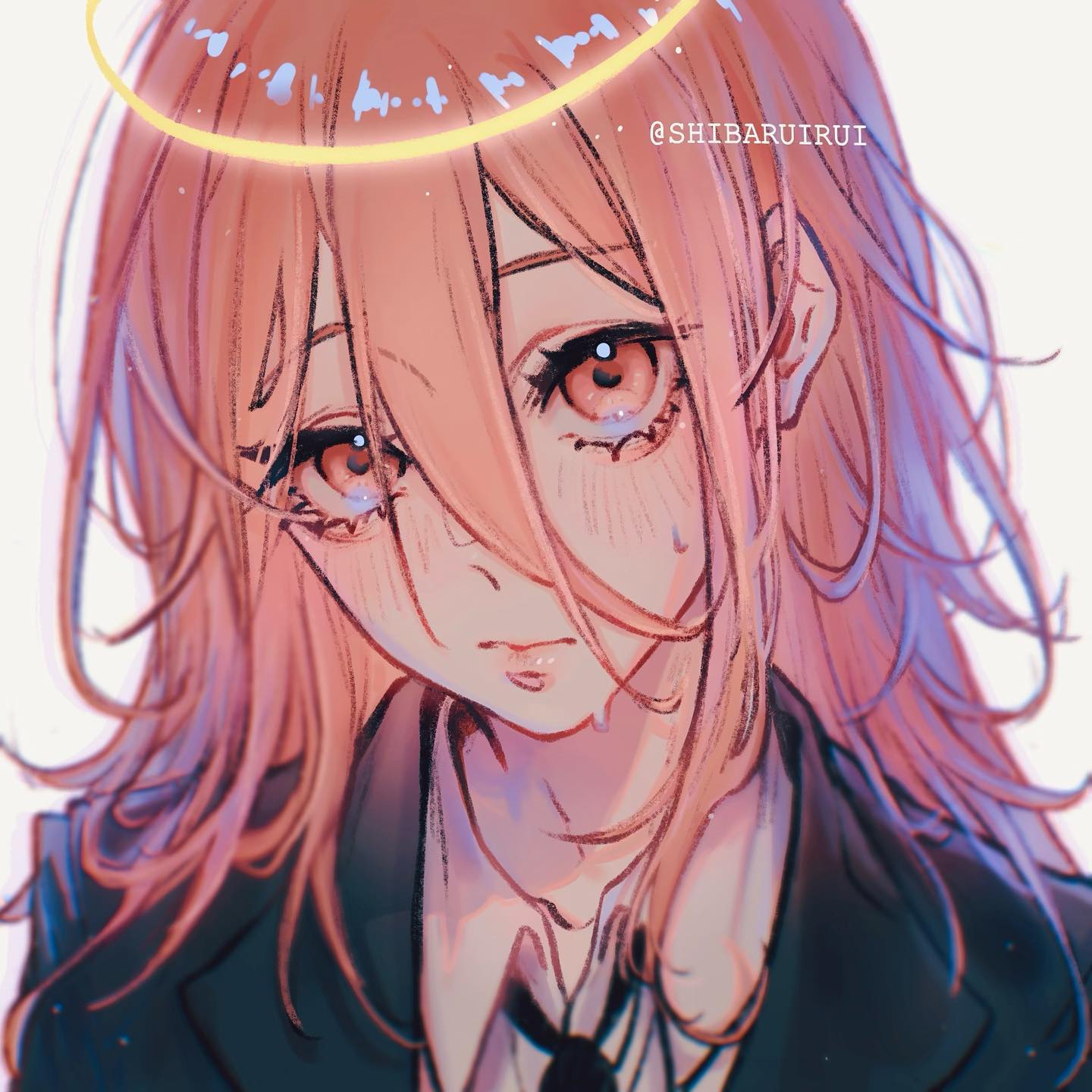 the image is a digital illustration of an animestyle girl with long, flowing pink hair. she appears to be sad, with tears streaming down her face. she's wearing a darkcolored school uniform with a white collar and tie. a faint, golden halo is positioned above her head. the art style is soft and dreamy, with pastel colors and a focus on creating a mood of gentle melancholy. the artist's tag, "@shibaruirui," is visible in the upper right corner. the closeup perspective emphasizes the girl's expressive features and emotional state.