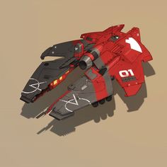 a red and gray futuristic spaceship, possibly a fighter jet, is shown in a side view, hovering above the ground. it features sleek wings, a central cockpit, and engine thrusters. the spaceship has a number "01" printed on its side.