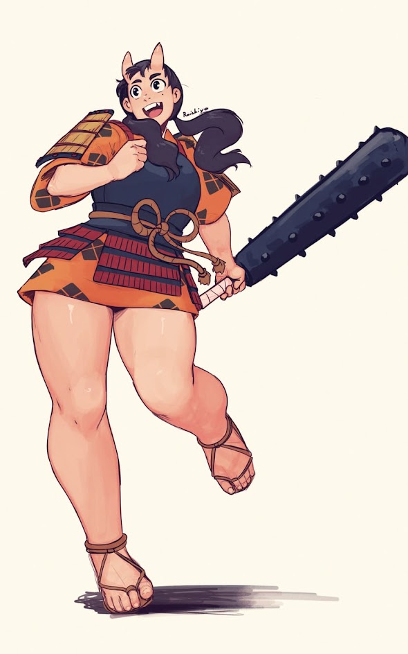 this is an illustration of a female anime warrior running with a spiked club. she is smiling and looks energetic. she is wearing samurai armor and a traditional japanese outfit. the background is plain white.