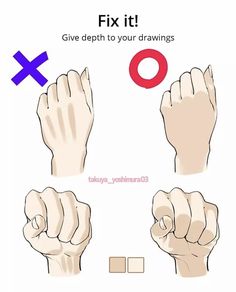the image is a drawing tutorial showing how to give depth to hand drawings. it features two sets of beforeandafter drawings of hands, one with the fingers extended and the other with a fist. the tutorial emphasizes the use of shading to create depth, and it includes two different skin tones as examples.