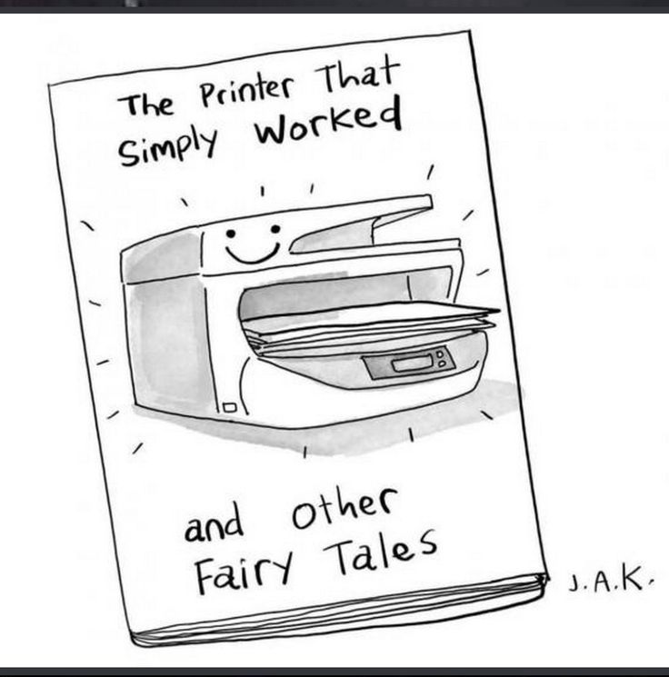the image is a cartoonstyle illustration of a book cover titled "the printer that simply worked and other fairy tales." the cover features a smiling printer with paper coming out. the book is signed "j.a.k."