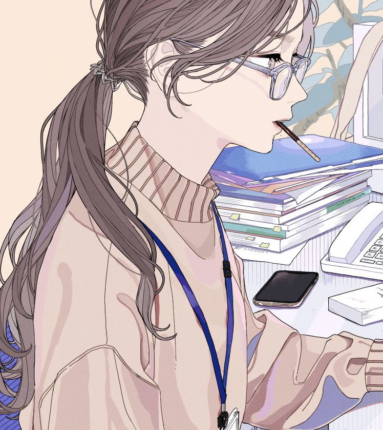 an animestyle illustration of a woman wearing glasses and a pink turtleneck sweater sitting at a desk. she has her hair pulled back into a ponytail and is holding a pocky stick in her mouth. her desk is cluttered with a phone, a cell phone, a stack of books and documents. she is wearing an id card on a blue lanyard.