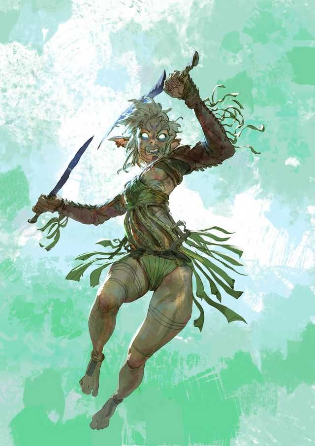 an illustration of a female elf warrior wielding two swords, with green and brown leather armor, light skin, and tribal straps, set against a green and white background.