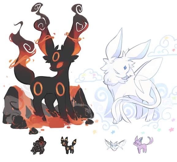 the image is a digital fan art depicting two pokemonlike creatures, possibly fanmade designs based on existing pokemon, or their evolved forms.on the left, a large, darkcolored creature resembling darkrai is shown standing on a volcanic, fiery landscape.  its design features flames and swirling patterns suggestive of heat and power. smaller versions of the same creature are depicted below, possibly representing different stages of evolution or alternate forms.on the right, a white, fluffy creature with long ears and a flowing tail is displayed amidst soft clouds and pastel swirls, reminiscent of jirachi.  similarly, smaller versions of this creature are shown below.the overall style is soft and charming, with vibrant colours for the fiery creature and pastel shades for the cloudlike one, emphasizing their distinct natures. the image suggests a contrast between fire and air, darkness and light, and the overall art style is clearly influenced by anime and pokemon aesthetics.