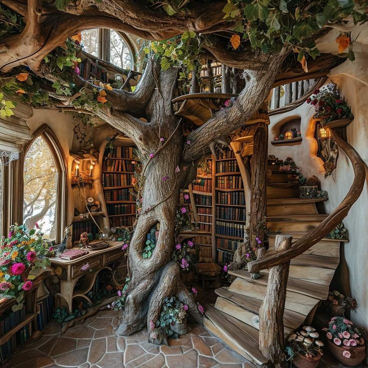 the image shows a magical treehouse library with a large tree trunk growing in the middle.  built around the tree are bookshelves, a winding staircase, and various seating areas.  the room is filled with books, plants, and charming decorative touches. natural light streams in through the windows and a skylight, illuminating the warm and inviting space.