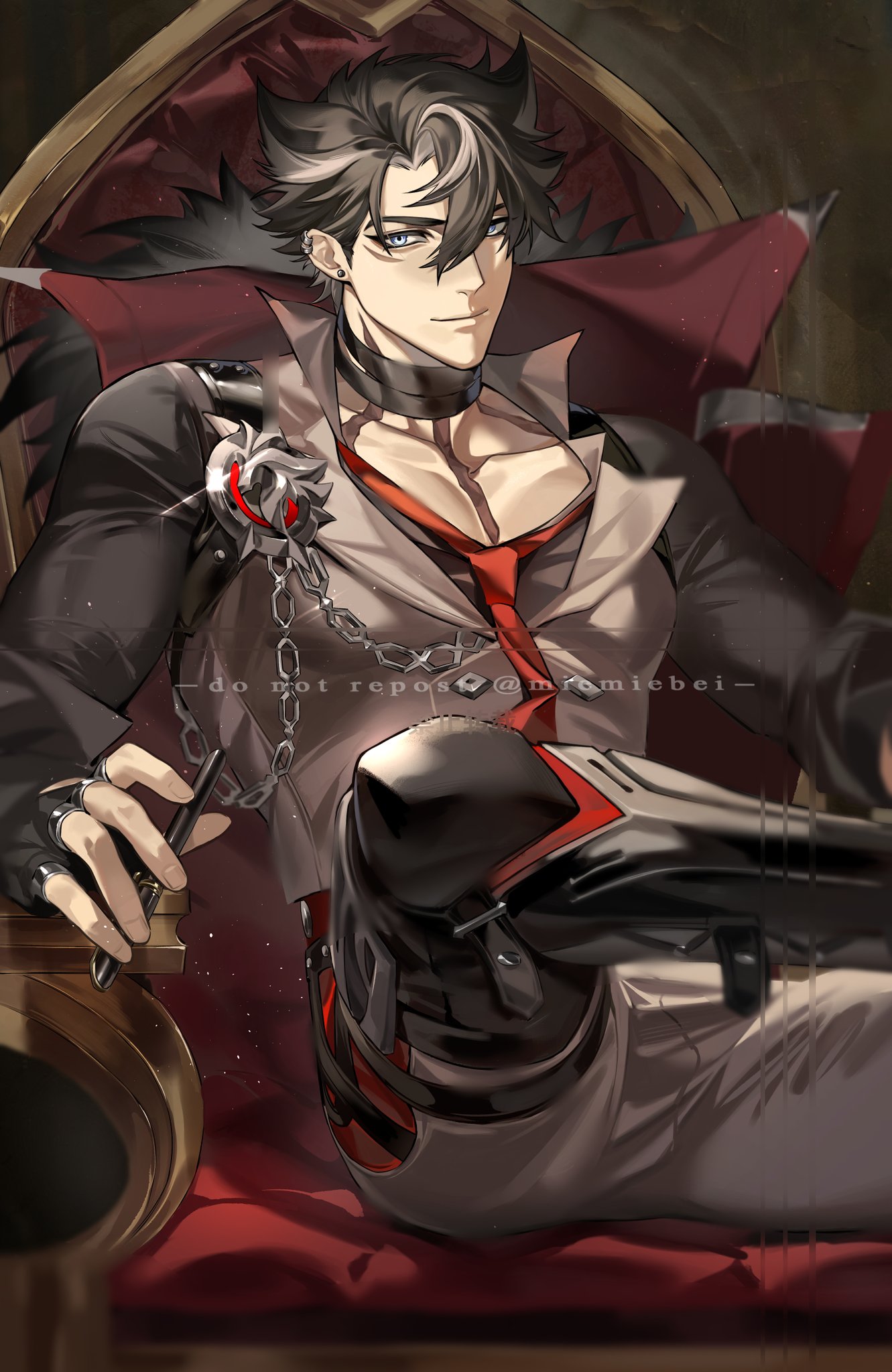 a handsome anime character with black and white hair, wearing a black suit and red tie, sits on a dark throne. he has a serious expression on his face, and he is holding a chain in his hand.