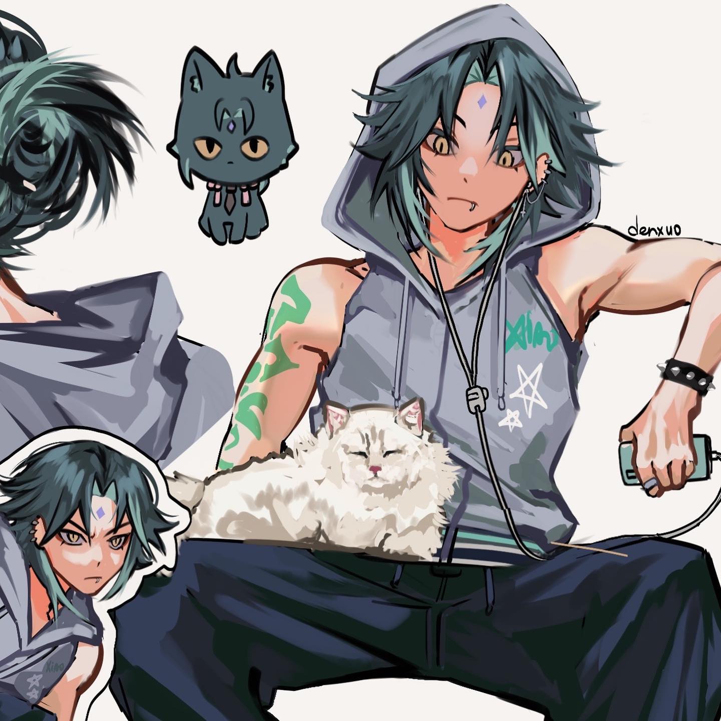 the image is a digital fanart featuring a stylized animestyle male character. he has long teal hair, is wearing a grey hoodie over a sleeveless shirt with a graphic design, dark pants, and headphones around his neck. he's sitting with a fluffy white cat resting on his lap.  two smaller images, one of a similarstyled male character and another of a small black cat, are included in the piece, seemingly associated with the main character. the art style is dynamic, with a blend of smooth shading and bolder linework. the overall mood is relaxed and casual. the background is plain white, allowing the character and elements to stand out prominently.