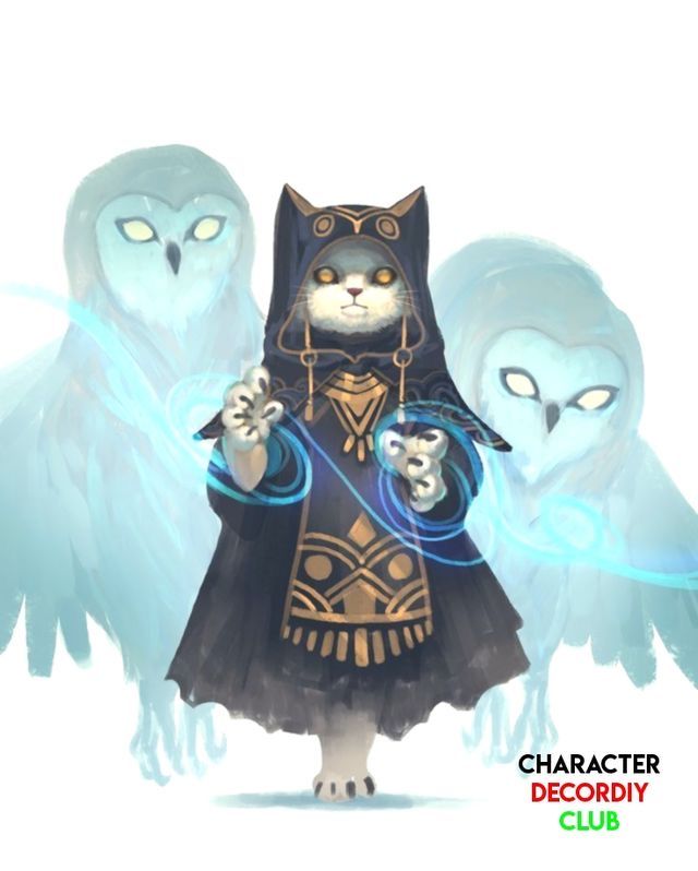 an anthropomorphic cat wizard is depicted in the center of the image, wearing a dark robe with golden geometric patterns and a hooded cloak. the cat is casting a spell with blue energy swirling around its paws. two spectral owls flank the cat, one on each side, with glowing eyes. the background is white. the "character decordiy club" logo is in the bottom right corner.