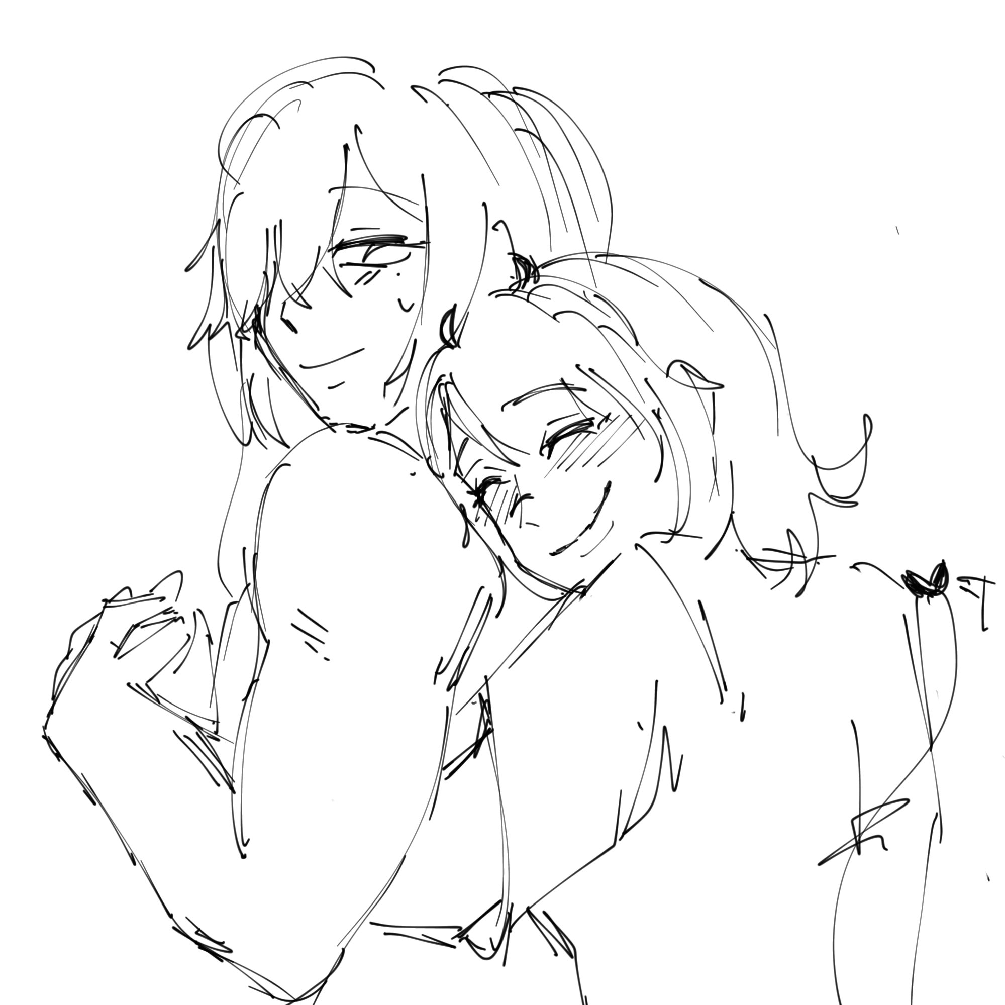 a black and white sketch of two anime girls hugging each other. the girl on the left is holding the girl on the right close to her. the girl on the right is smiling and has her eyes closed. the girl on the left is smiling and has her eyes open. the sketch is done in a simple style with minimal detail.