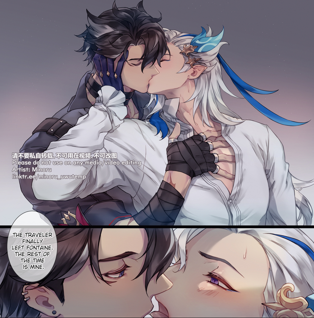 this is a fan art depicting the genshin impact characters kazuha and albedo sharing a passionate kiss. kazuha is on the left, holding albedo close and looking at him with a loving expression. albedo is on the right, looking up at kazuha with a blush on his cheeks. the background is a blurred image of the two characters in a different setting. this is a  fan art, meant to showcase the romantic relationship between the two characters.