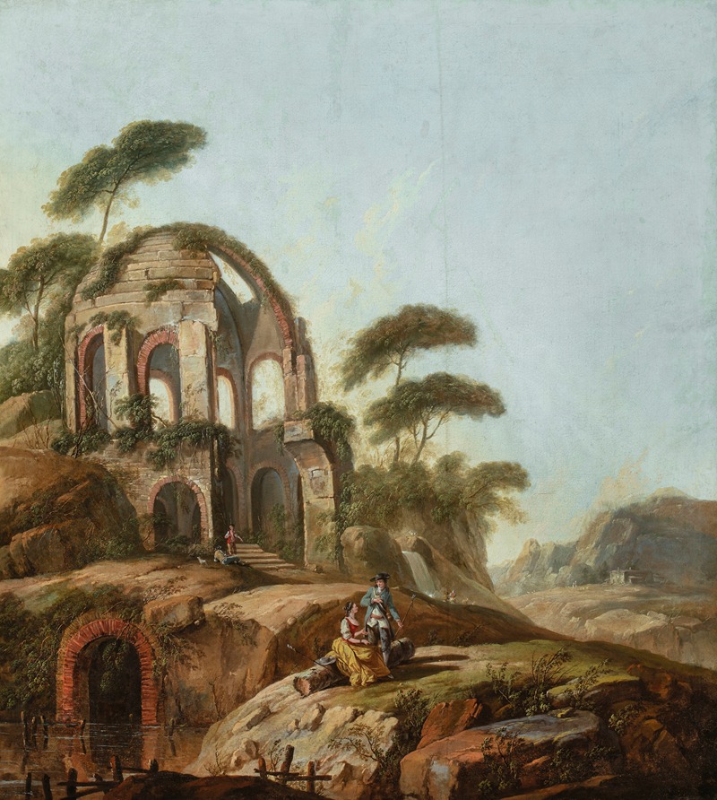 the image is a painting of a landscape featuring the ruins of a domeshaped architectural structure. figures are present in the scene, including people sitting near the lower right, and a couple on stairs leading up to the ruins. a waterfall is visible in the background, along with mountains and a sky that appears pale. a bridge spans a body of water in the lower left. rocks and trees are also part of the landscape.