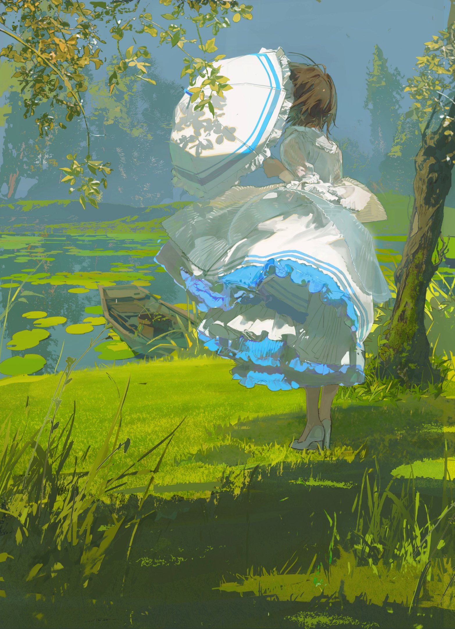 a young woman with long brown hair is wearing a beautiful white dress with blue accents. she is holding a white umbrella with blue stripes and is walking in a beautiful green forest near a lake with lily pads. there is a small rowboat in the water. it is a sunny day and there are tall trees and plants in the background. the woman is facing away from the viewer, and the image is full of light and color.