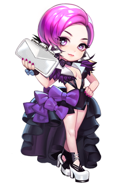 the image shows a female character, likely from an anime or manga, in a stylish and revealing outfit. she has vibrant pink hair, purple eyes, and is striking a confident pose. she's wearing a black dress with purple accents, highheeled shoes, and is holding a white handbag.