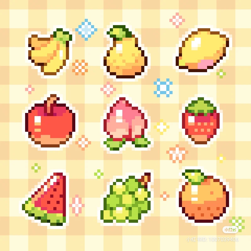 the image contains nine different fruits depicted in a pixel art style resembling stickers. the fruits are banana, pear, mango, apple, peach, strawberry, watermelon, grapes, and orange. they are arranged in three rows on a light yellow checkered background.