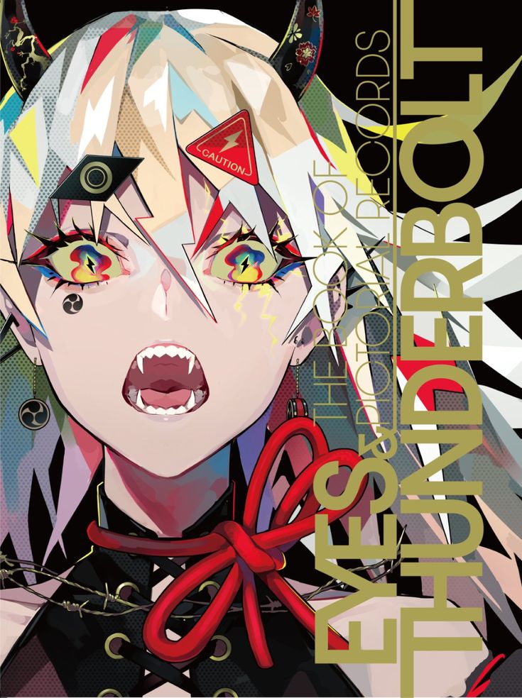the image is a vibrant and stylized artwork featuring an animestyle girl with striking features. her eyes are large and expressive, with colorful details, and she has sharp, stylized horns. she is adorned with a red bow and other accessories, giving her a bold and edgy look. the background features the title "eyes & thunderbolt: the pictorial records" in a stylized font, creating a dynamic composition. the overall style is a mix of anime and graphic design elements, with a strong emphasis on color and contrast. the artwork seems to be a book cover or a promotional piece for an anime or manga series.