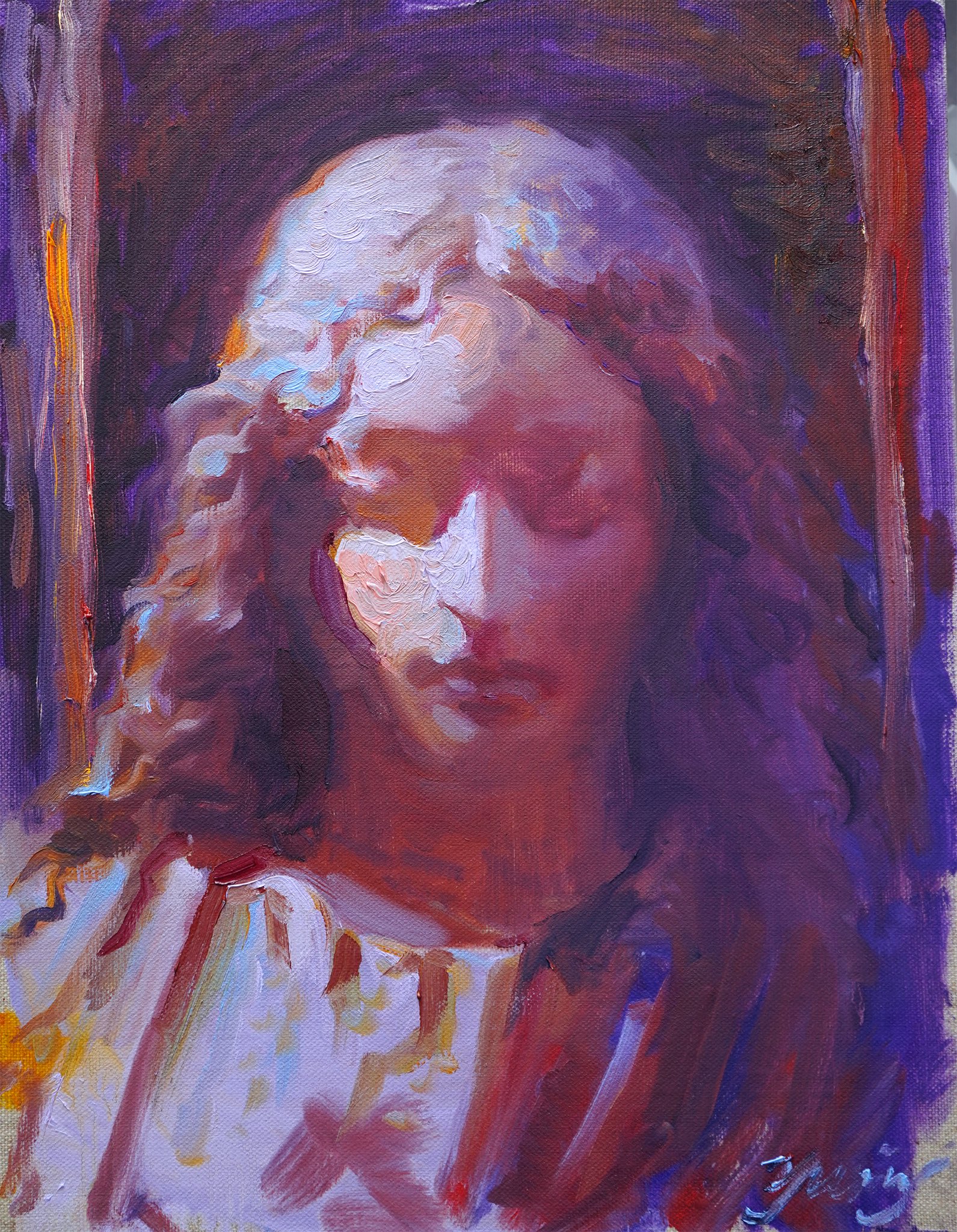 a painting of a woman with long, curly hair, looking down with her eyes closed. she is dressed in a white dress and the background is a dark purple. the painting is done in a realistic style and the brushstrokes are visible. the lighting is soft and the colors are muted. the woman appears to be in a state of contemplation or prayer.