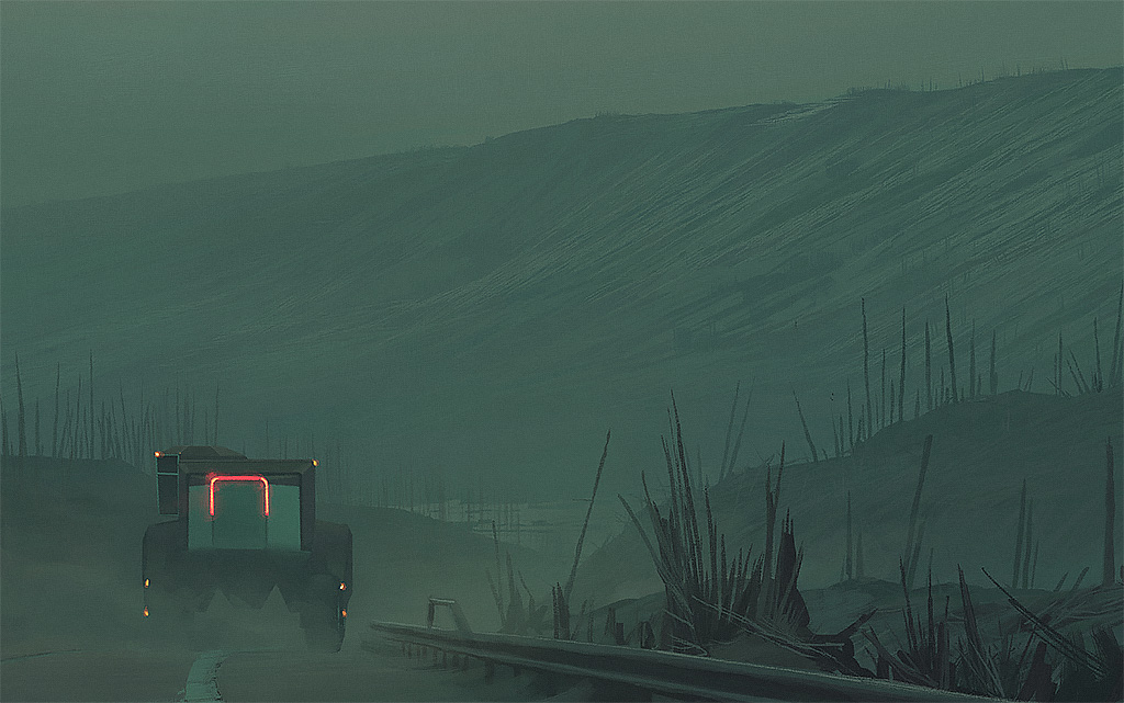 a dark, hazy truck drives along a deserted highway in the fog. the landscape is a vast, barren desert, with a distant horizon. the truck's silhouette is barely visible in the mist, creating a sense of loneliness and mystery. the overall tone of the image is gloomy and unsettling, reflecting the harsh and unforgiving nature of the environment.