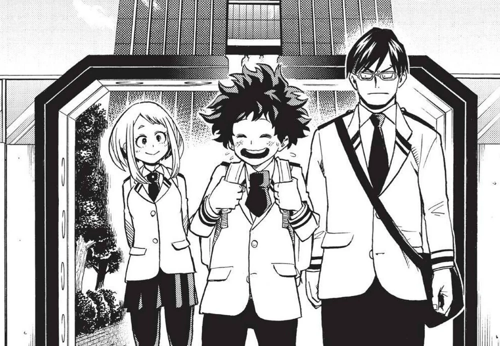 a black and white image of three people standing in a doorway, they are all smiling and wearing school uniforms.  the doorway appears to be the entrance to a school.