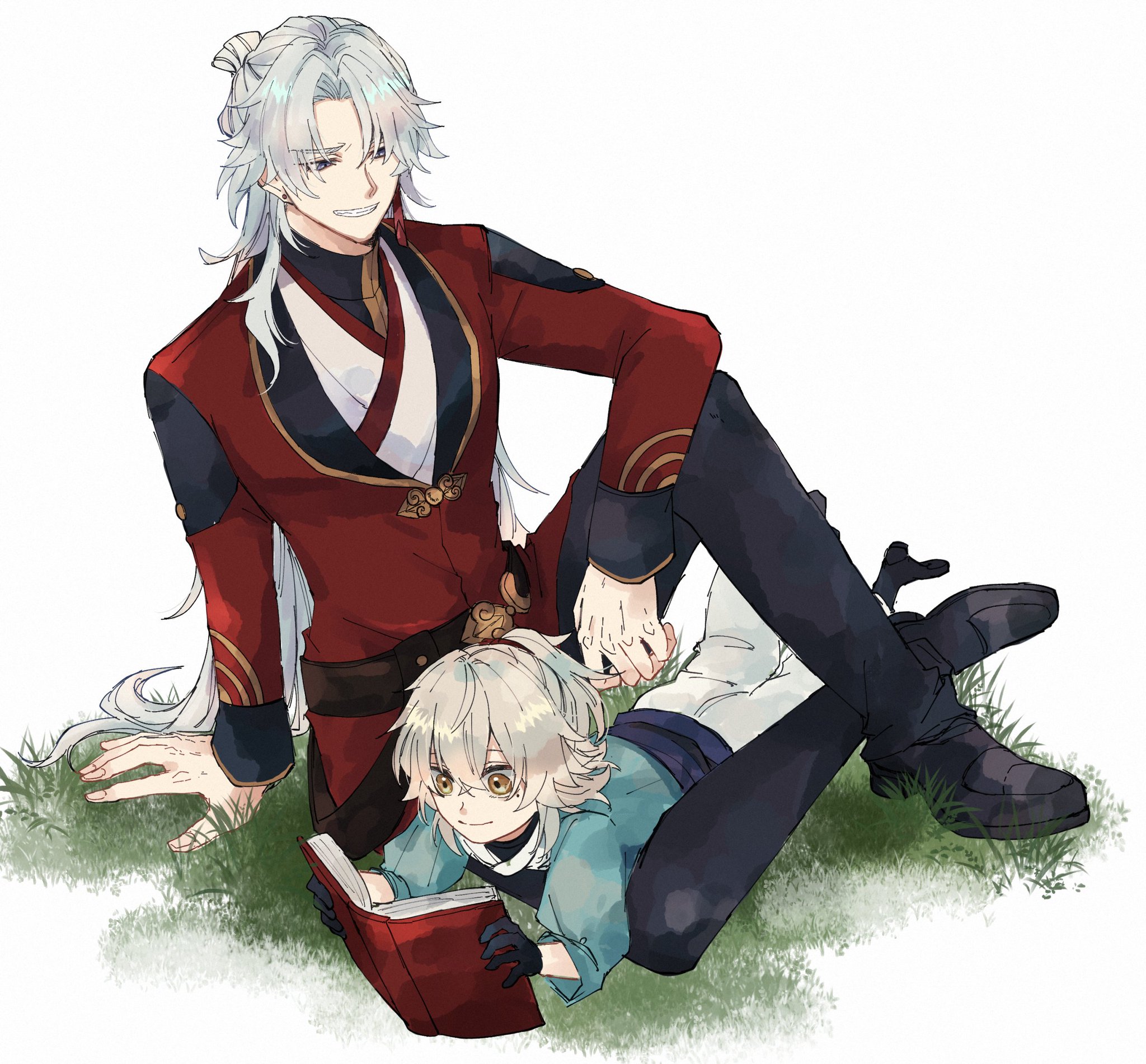 the image shows two anime characters sitting on the grass. the character on the left is a tall man with long white hair, red jacket, and black pants. he is smiling and looking down at the other character. the character on the right is a shorter boy with white hair, blue shirt, and black pants. he is wearing glasses and reading a red book. both characters look friendly and happy.