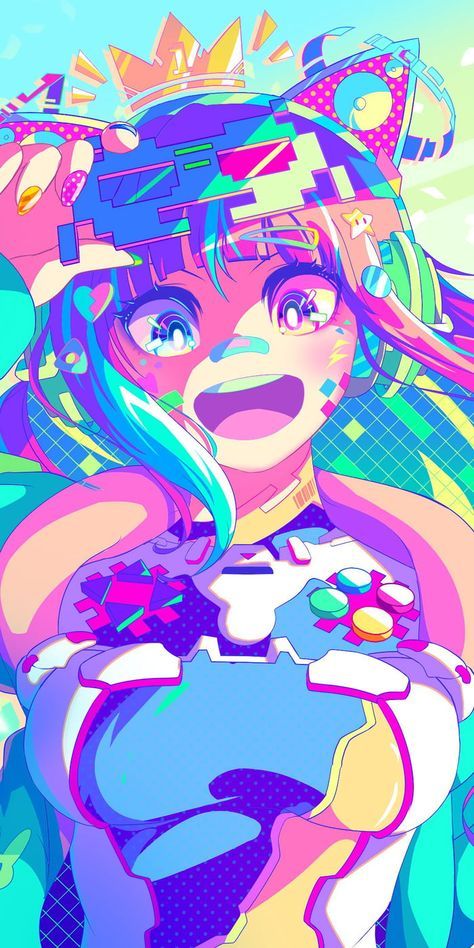a digital art illustration of a cute anime girl gamer. she has bright blue, green, and pink hair, and she is wearing a headset and holding a controller. she is smiling and her eyes are wide open with excitement. the background is filled with neon colors.