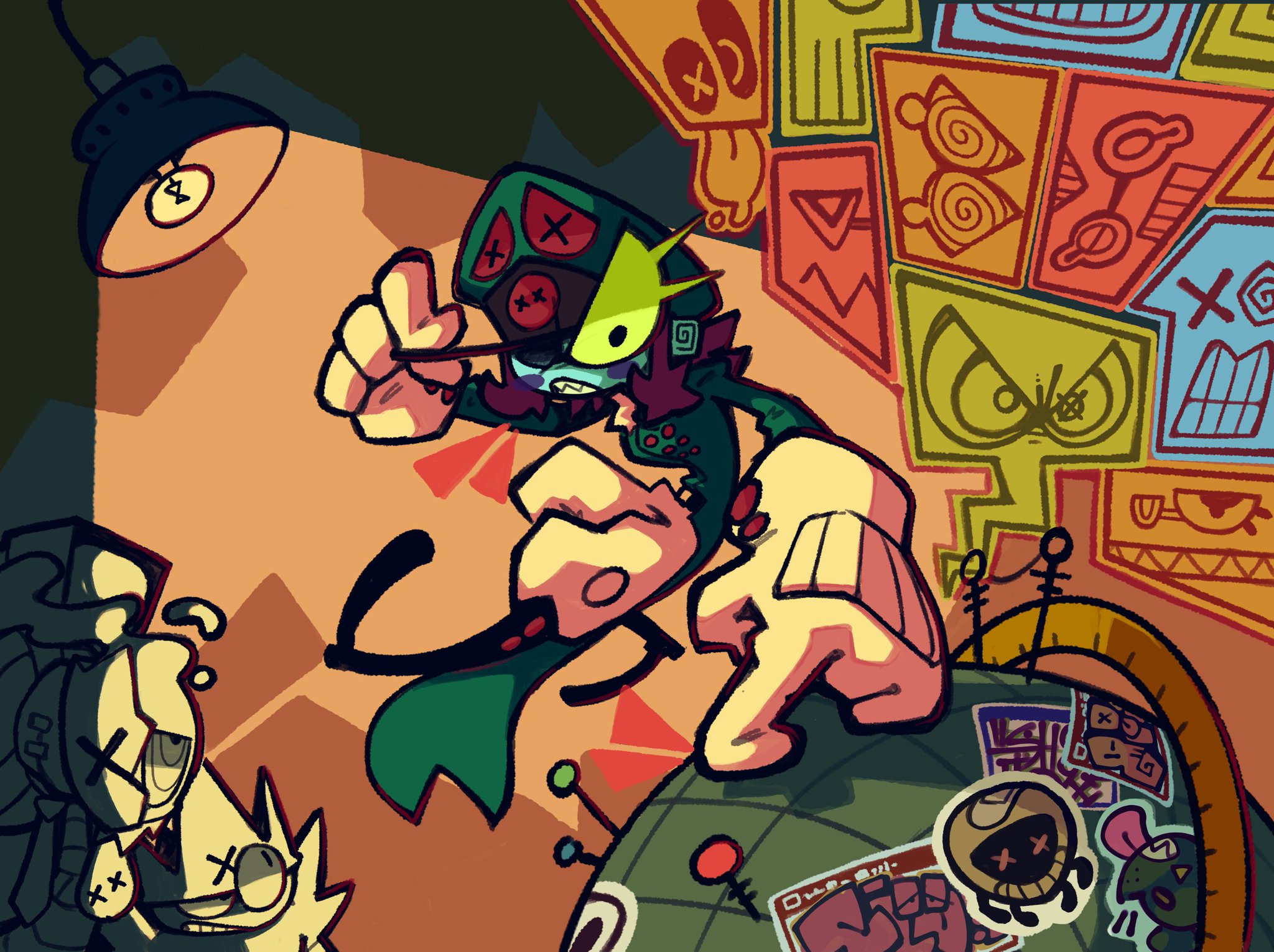 a vibrant cartoon illustration features a dynamic character in a room adorned with graffitilike patterns and symbols. the character, with exaggerated features and sharp lines, dominates the foreground, standing triumphantly on a globe. the perspective is from a low angle, accentuating the character's imposing presence. the room is bathed in warm, artificial light emanating from a lamp, casting dramatic shadows. the color palette is bold and contrasting, with vibrant yellows, greens, and oranges dominating the scene.