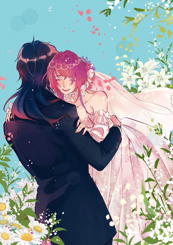 this is a digital illustration of an anime couple in wedding attire. the bride is wearing a pink and white wedding dress, while the groom is wearing a black suit. they are standing in a field of flowers and appear to be very happy. the background is a light blue and pink sky.