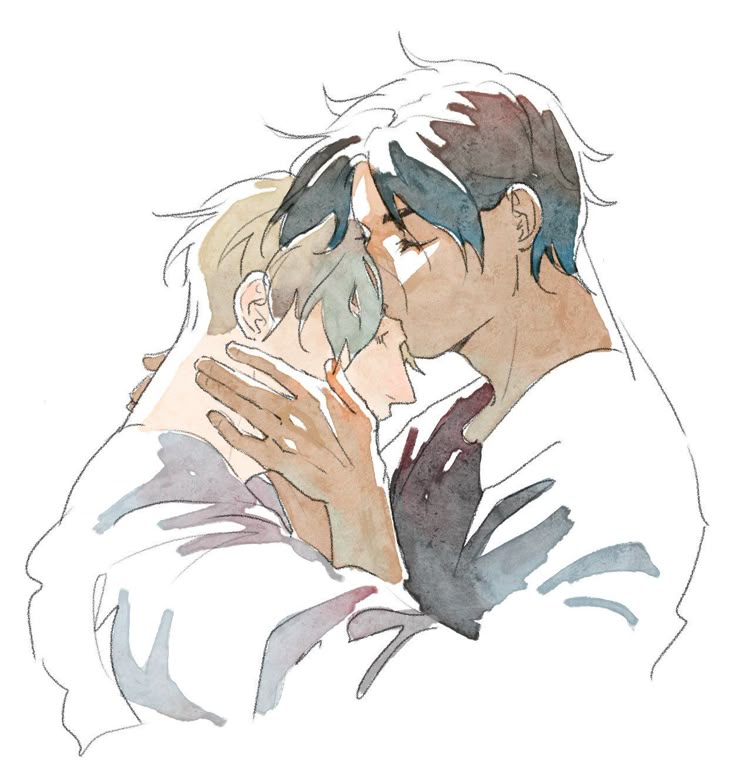 an illustration depicts two people embracing, with the person on the right giving a forehead kiss to the other. the artwork utilizes a watercolor style, lending a soft, emotional tone to the scene. both figures are wearing white shirts, with the figure on the right having dark hair and a slightly darker complexion. the figure on the left has lighter hair and skin. one of the figure's hands rests tenderly on the other's neck. the illustration captures a moment of intimacy, tenderness, and affection between the two individuals.