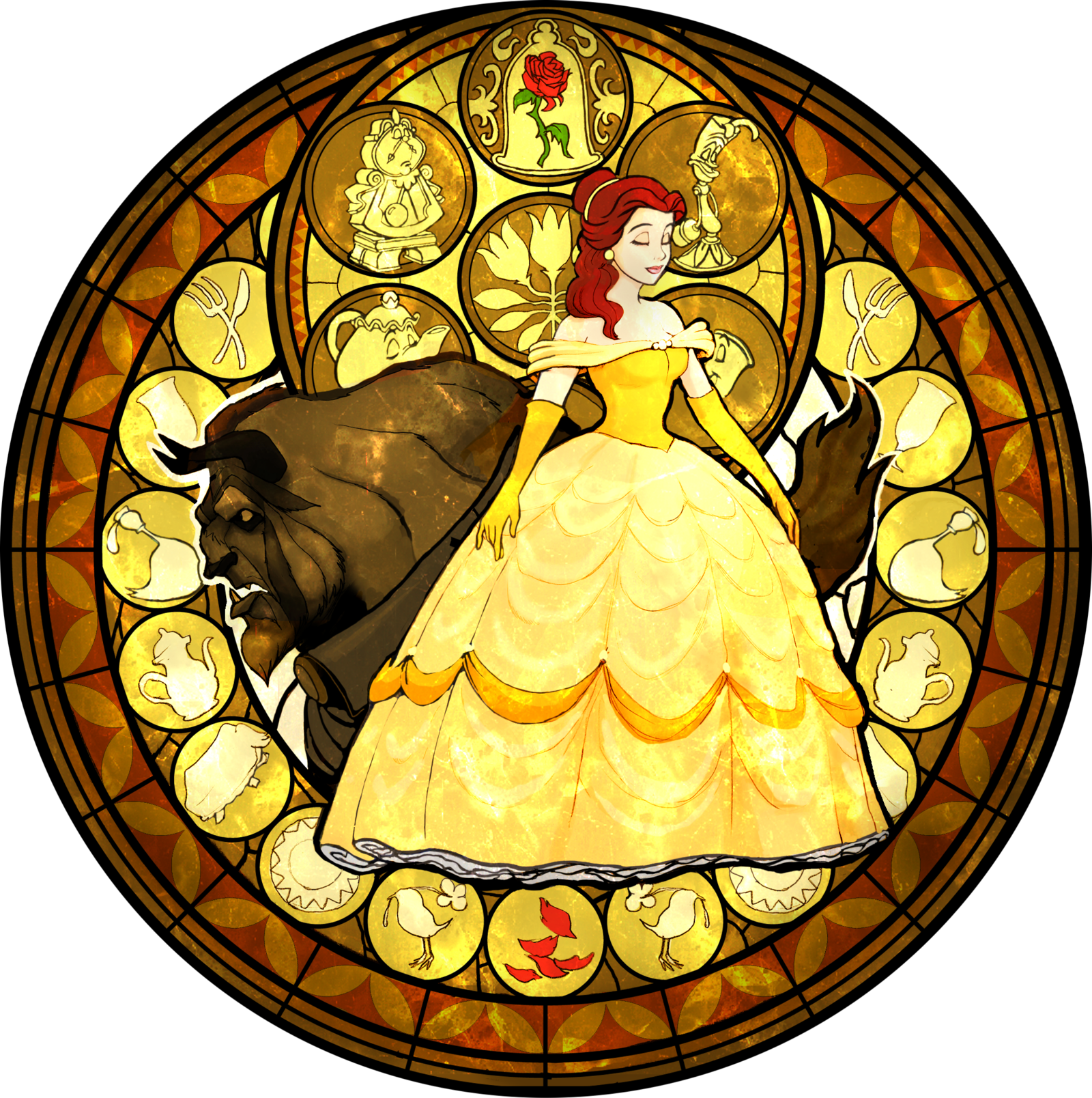 a circular stained glass window depicting belle and the beast from beauty and the beast. belle, in her iconic yellow dress, stands in front of the beast. the window features various other elements from the story, including a rose, a castle, and enchanted objects like cogsworth and lumiere.