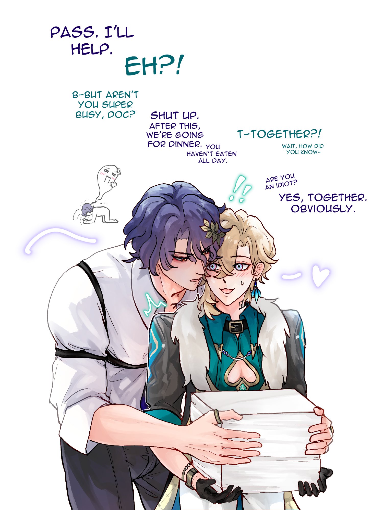 he image is a digital fanart depicting a romantic scene between two animestyle male characters. one character, with purple hair and a white shirt, is slightly taller and has his arm around the other character, who has blonde hair and is wearing a teal outfit. they are holding a stack of papers together, with a background of speech bubbles containing dialogue hinting at a date and a possible romantic relationship. the art style is soft and expressive, with attention to detail in the characters' expressions and clothing.  a smaller drawing in the background shows a small figure seemingly observing the main couple. the overall mood of the image is affectionate and sweet.