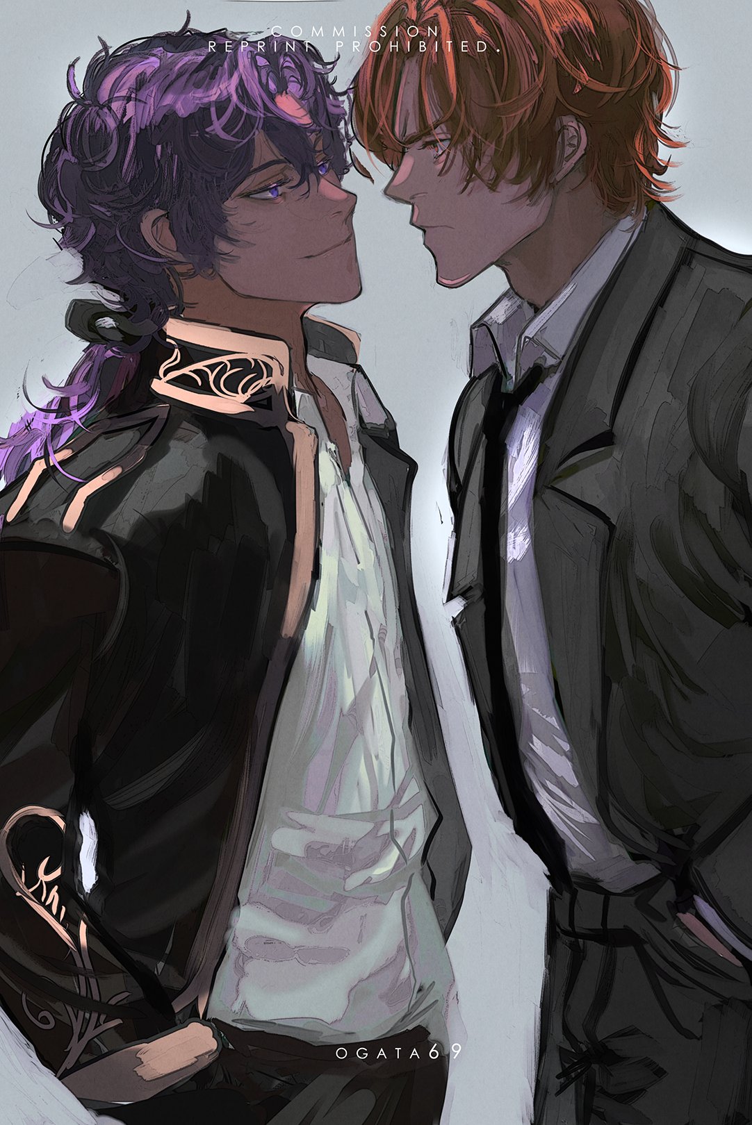 the image features two anime men, one with purple hair and the other with red hair, standing very close together, almost touching. they are both dressed in sharp black suits and white shirts, exuding an air of sophistication. the man with purple hair has a smug look on his face, while the man with red hair seems more serious, though still