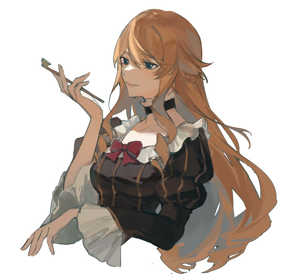 a digital illustration of a young anime girl with long brown hair wearing a white dress with a brown ribbon. she is holding chopsticks and looking away from the viewer. the image is in a light and airy style, with soft colors and a gentle atmosphere.
