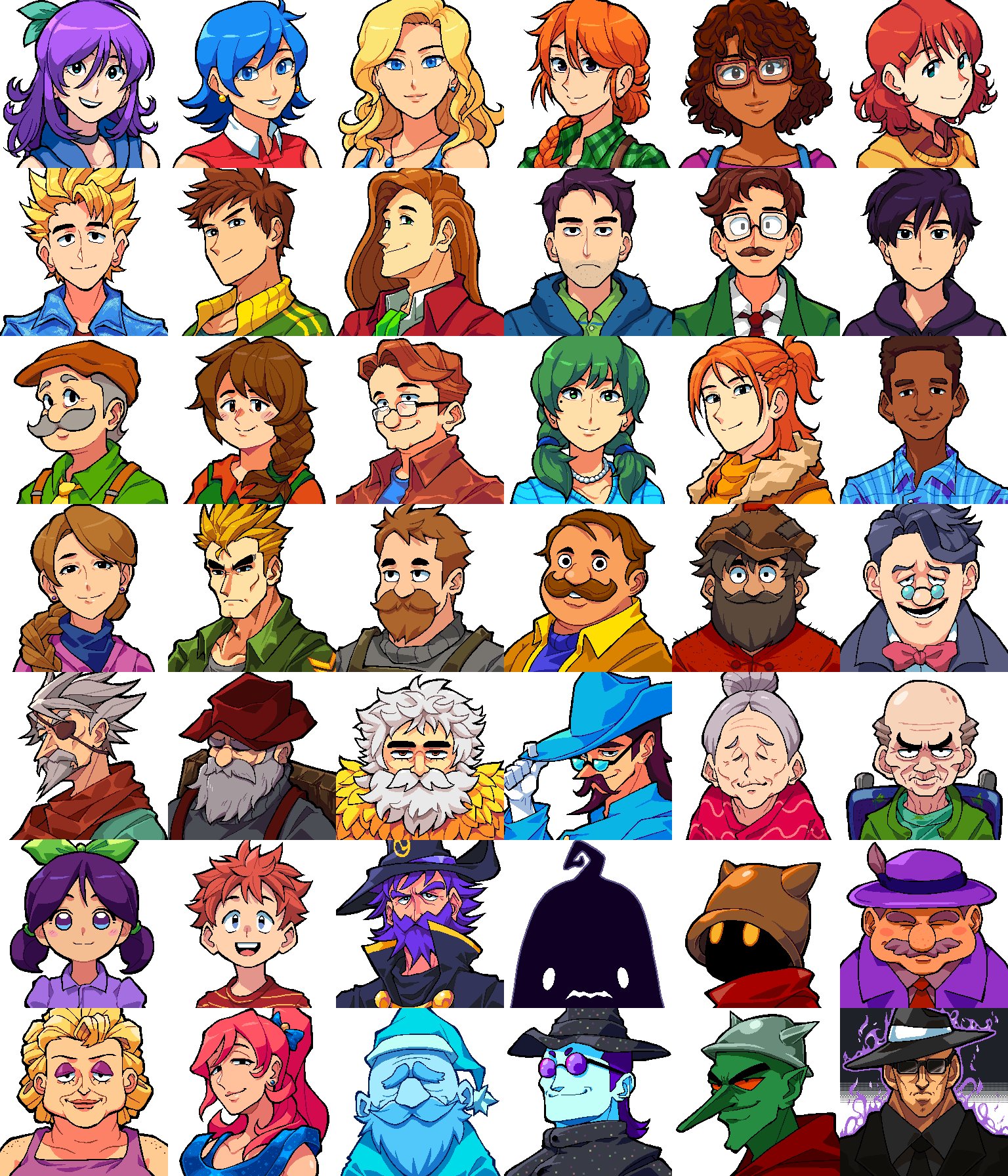 the image displays a grid of 40 distinct cartoonstyle character portraits, seemingly designed for a video game or similar application. the characters showcase a wide variety of ages, genders, hairstyles, outfits, and overall aesthetic styles—mixing animeinfluenced designs with more western cartoon styles.  each character portrait is in a consistent pixel art style, featuring clean lines and a limited color palette. the background is plain white, ensuring that each character is clearly visible.  the overall impression is of a diverse cast of characters for a potential game, possibly an rpg, or other interactive project.