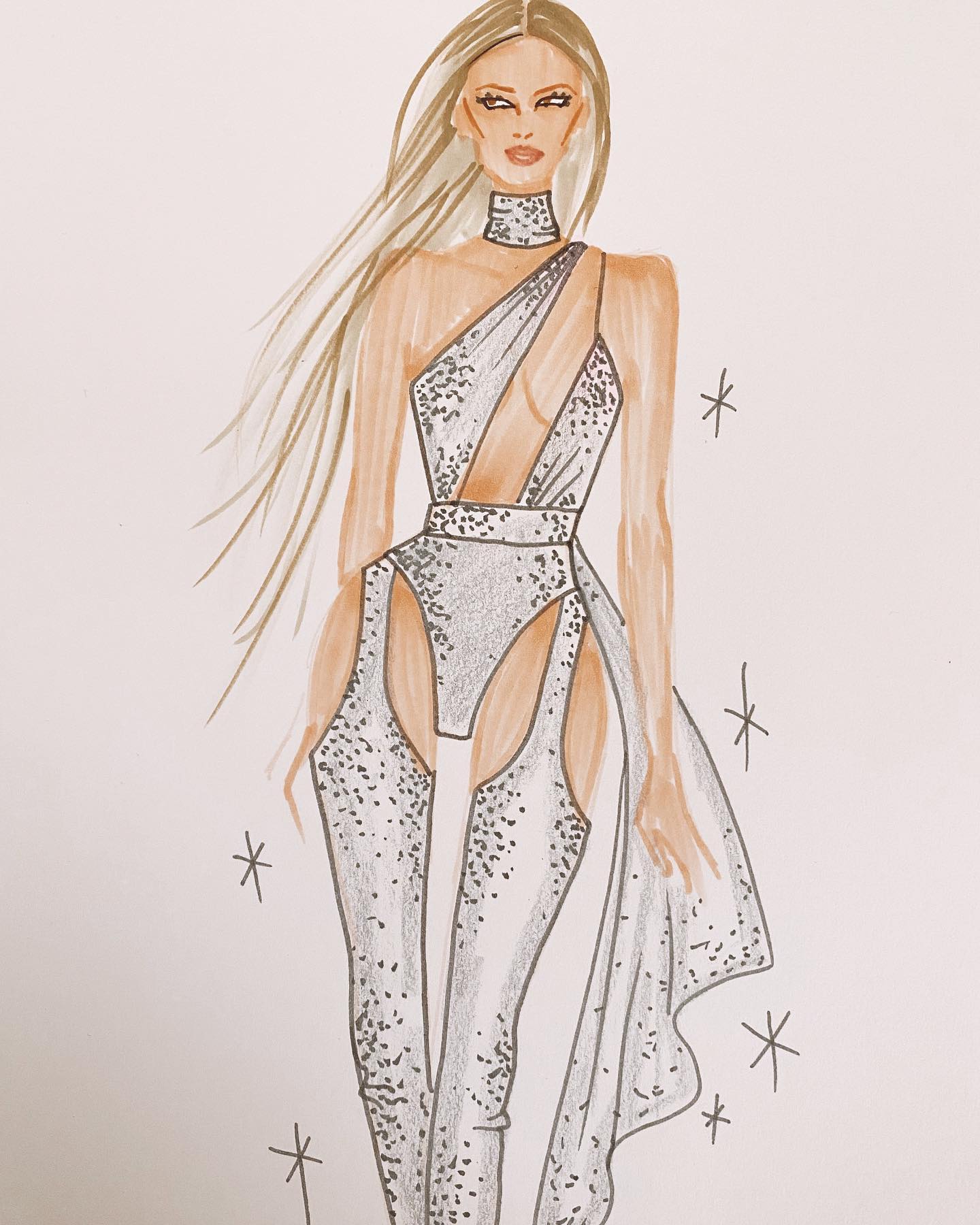 a fashion illustration of a woman with long blonde hair wearing a silver sparkly oneshoulder dress with cutouts and matching leggings. she is posing with her arms at her sides and a neutral expression. the drawing includes details like a choker necklace and scattered starlike sparkles around her.