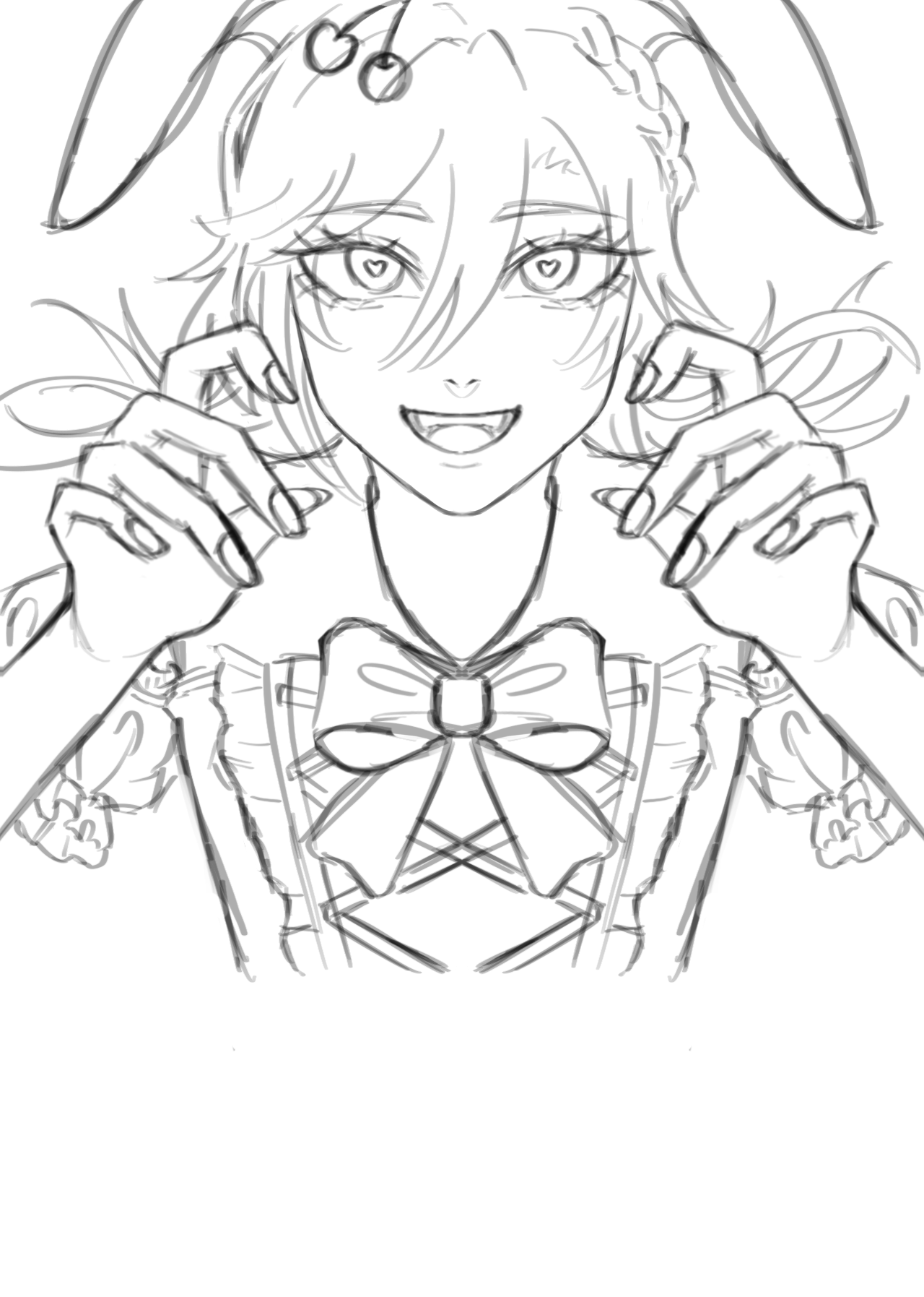 the image is a sketch of an anime girl with bunny ears. she has cherries on her head and heartshaped pupils in her eyes. she is wearing a dress with a bow and frills. she has a fang visible in her mouth. she is holding her hands up near her face.