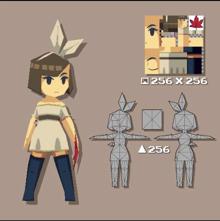 the image shows a lowpoly character design for a video game or similar application. it includes a fully rendered 3d model of a girl with a distinctive pixel art style, her corresponding uv texture map (256x256 pixels), and wireframe representations of the model from the front and back, highlighting the polygon mesh structure. the girl is wearing a lightcolored dress, dark boots, and has a hair ornament resembling leaves. one of her arms appears to be bloodied. the texture map shows the various parts of the character's skin, clothes, and features that would be mapped onto the 3d mesh. the wireframes display the individual polygons that form the character's shape.