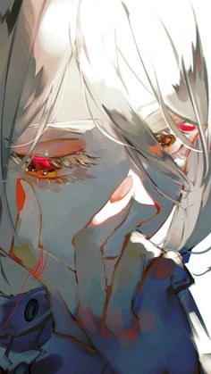 this is an animestyle portrait of a woman with white hair. her hand is partially covering her face. her eyes are red and swollen as if she has been crying. the woman's expression is melancholic and introspective. the overall tone of the image is somber and subdued, conveying a sense of sadness and longing.