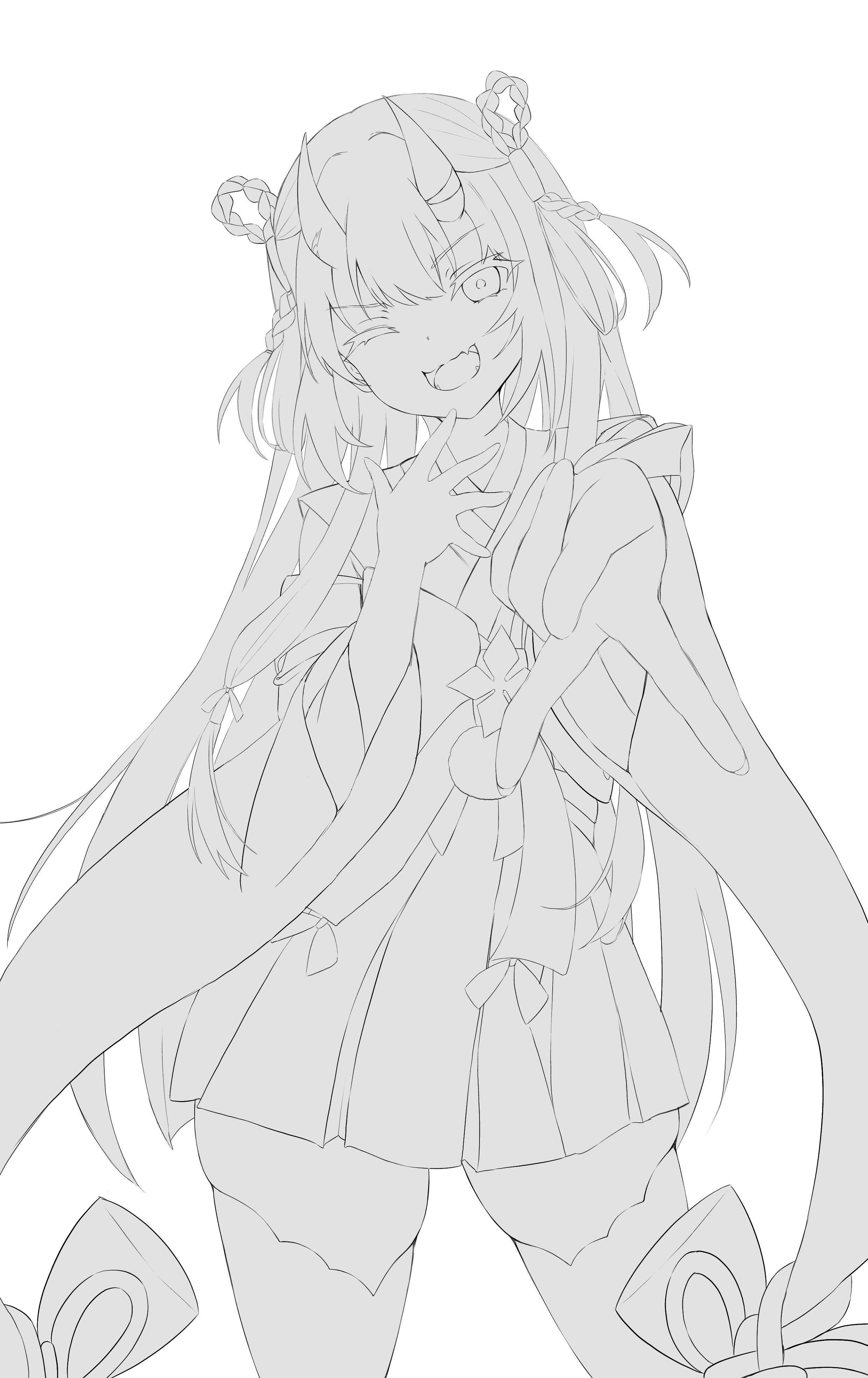the image is a line drawing of an animestyle girl. she has long hair with braids, horns, and is wearing a kimonolike outfit. she is making a playful expression, with one eye winking and a mischievous smile. the style is clean and simple, focusing on the lines and the character's expression.  the overall style suggests a character from a fantasy or japaneseinspired setting.