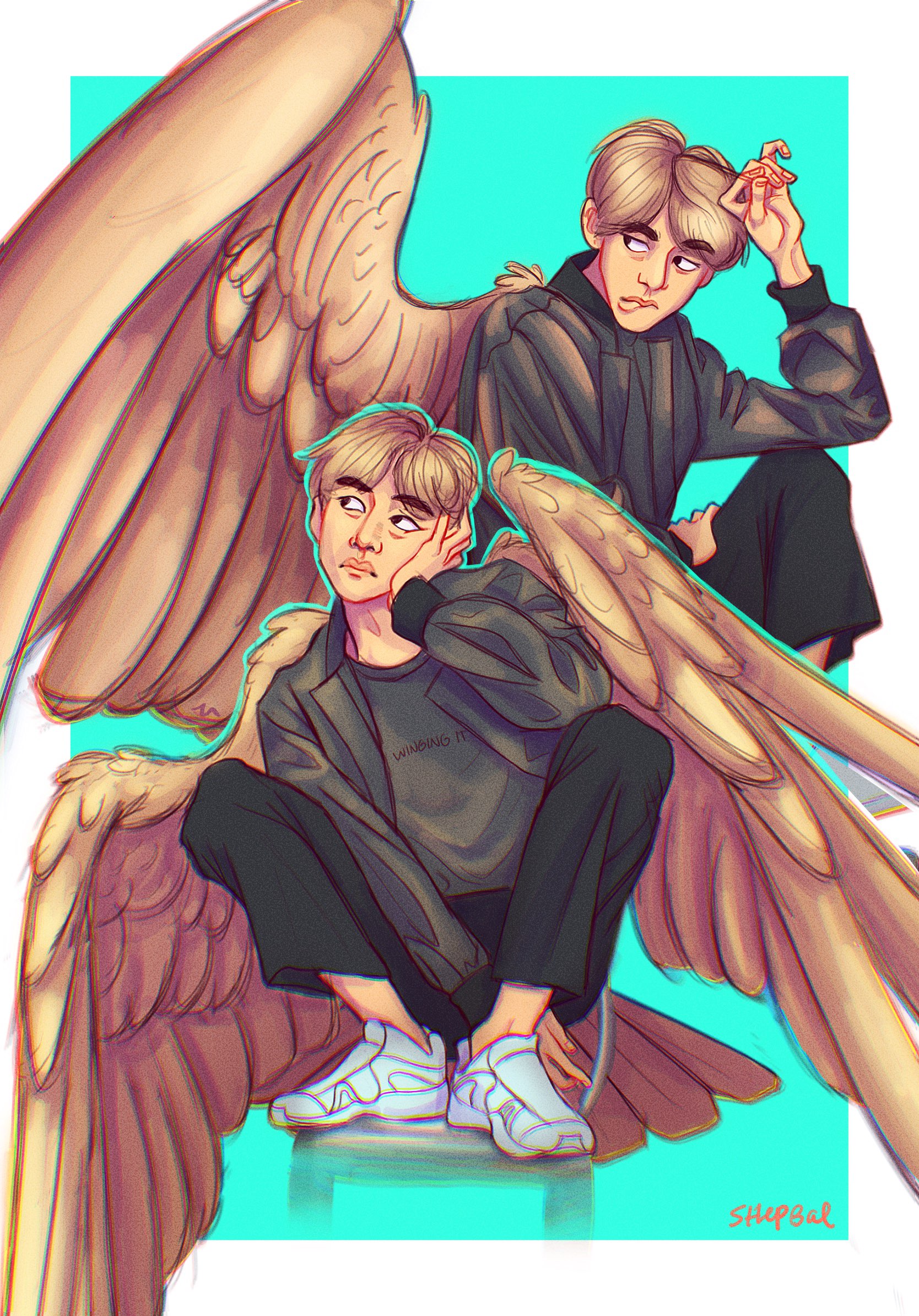 the image features two depictions of the same young man with large, feathery wings, positioned against a vibrant teal background. he sports trendy attire consisting of a black sweatshirt, black pants, and white sneakers. his blonde hair is styled simply, and he gazes at the viewer with a slightly melancholic expression. both figures are seated, resting their chins on their hands, with their wings spread out behind them. one figure is situated slightly higher than the other, creating a sense of depth.