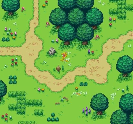 this image is a pixel art depiction of a grassy field with a winding dirt path. there are trees and flowers scattered throughout the scene, and a small rock near the center. the art style is typical of a 2d roleplaying game (rpg), and the image could be used as a tileable background or environment asset.