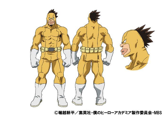this is a character design illustration for the anime my hero academia. the character is a male hero with a muscular build. he is wearing a yellow costume with a mask, a cape, and a belt with a utility pouch. the image shows the character from the front and back, as well as a closeup of his head. the design is simple and clean, with strong lines and bold colors. the character is shown in a dynamic pose, with his fists clenched and his expression determined.
