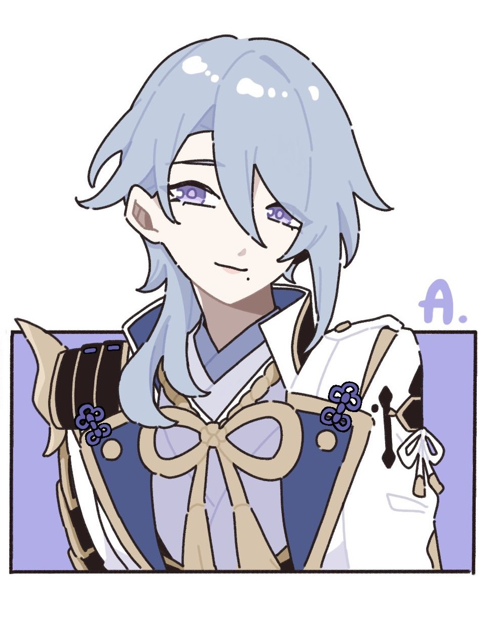 this is a digital fanart of thoma from genshin impact.  the drawing is in a cute anime style, depicting thoma from the chest up. he has long, light blue hair, purple eyes, and is smiling softly.  he's dressed in his signature outfit, which includes a kimonostyle garment with a large beige bow, and details suggesting samuraiinspired elements. the background is a simple, light purple rectangle.  the image is clean and welldrawn, showcasing the character's features in a visually appealing manner.  the style is reminiscent of online fan art commonly seen on social media platforms. an "a." is visible in the upperright corner, possibly an artist's signature or identifier.