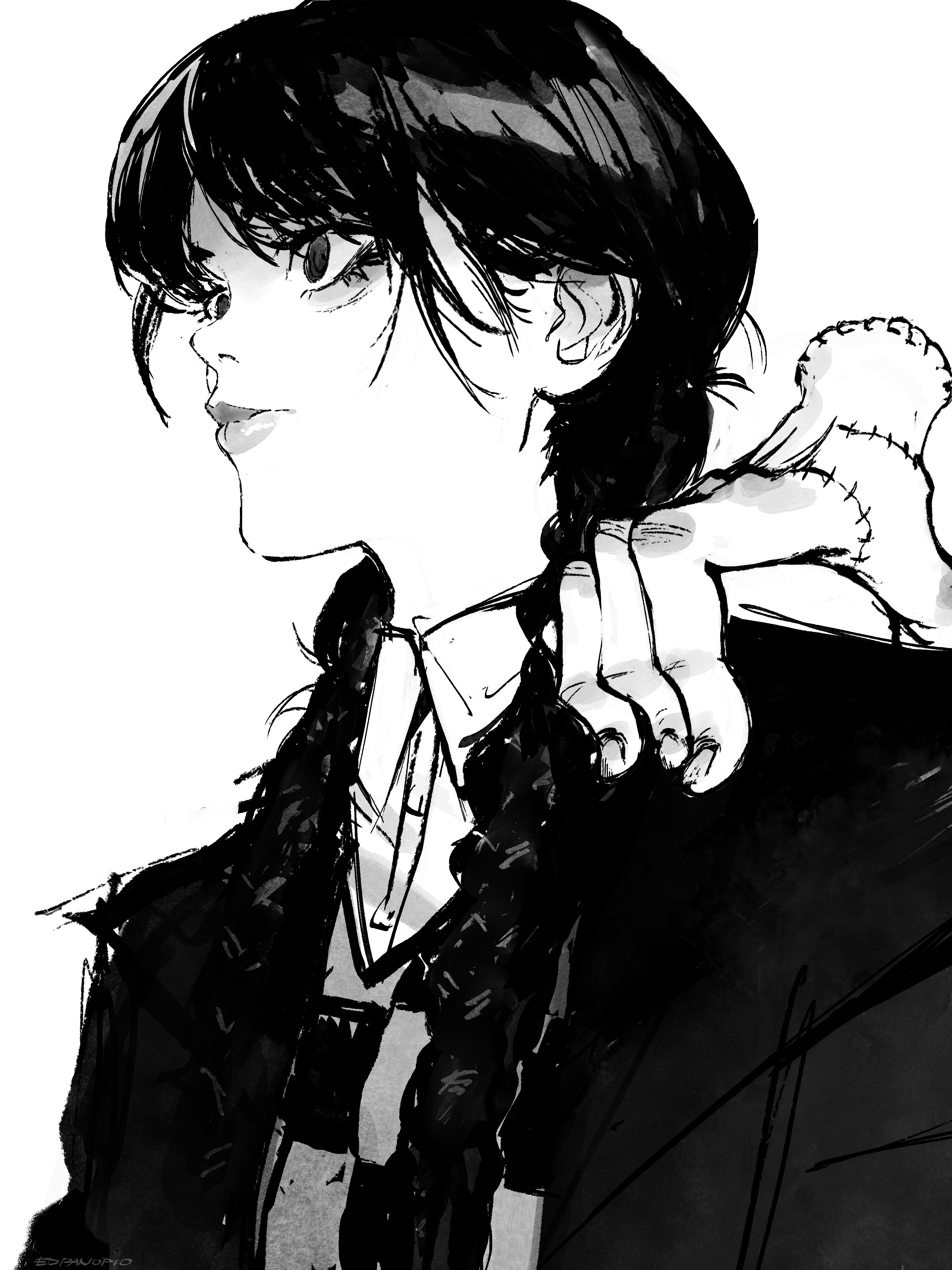 the image is a black and white illustration or drawing, possibly manga or anime style, depicting a young woman with long, dark hair styled in thick braids. she's wearing a darkcolored jacket or coat. her expression is serious and somewhat stoic.  a hand is seen resting on her shoulder; it's somewhat stylized and appears to belong to another person. the art style is sketchy and expressive, with visible brushstrokes or pen lines conveying texture and shadow. the overall mood is mysterious and dramatic.