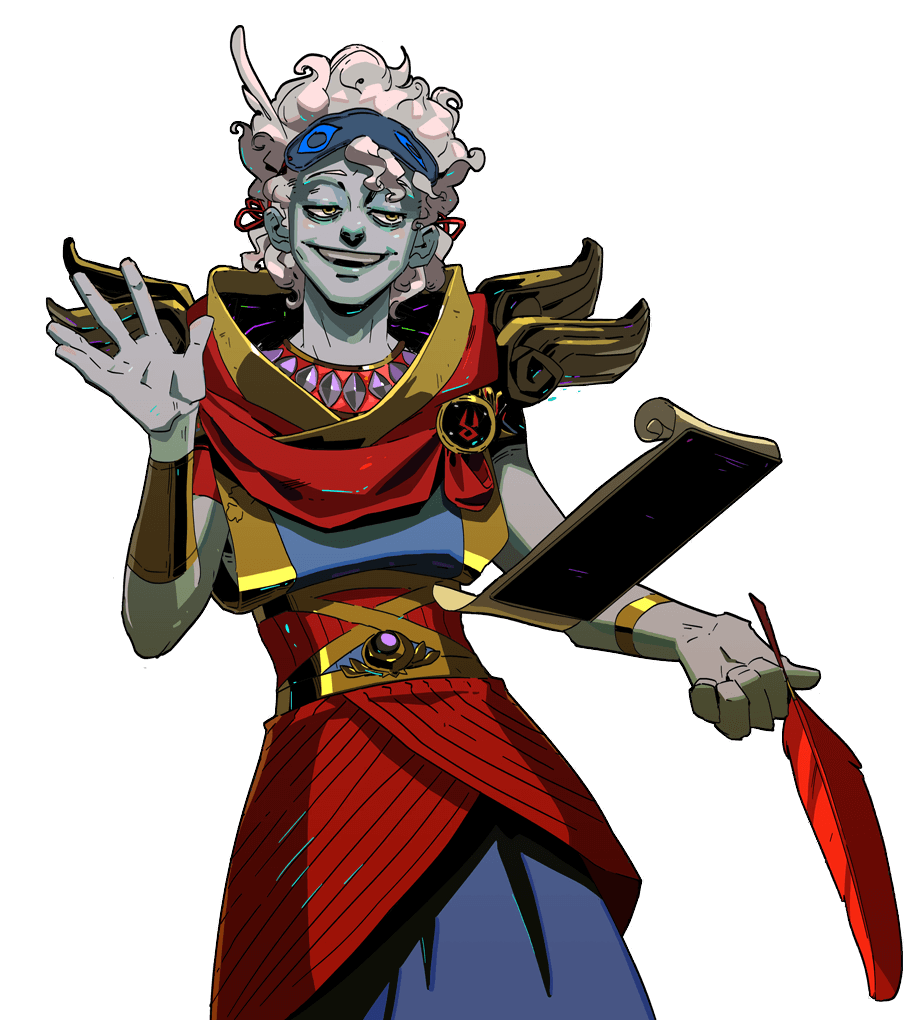 this digital illustration depicts a male fantasy character with white hair, blue eyes, and a mischievous smile. he is dressed in red and gold clothing with wings and a feather in his hand. he is holding a scroll and looks confident and proud. the art style is vibrant and detailed, capturing the character's personality and the whimsical nature of the fantasy setting.