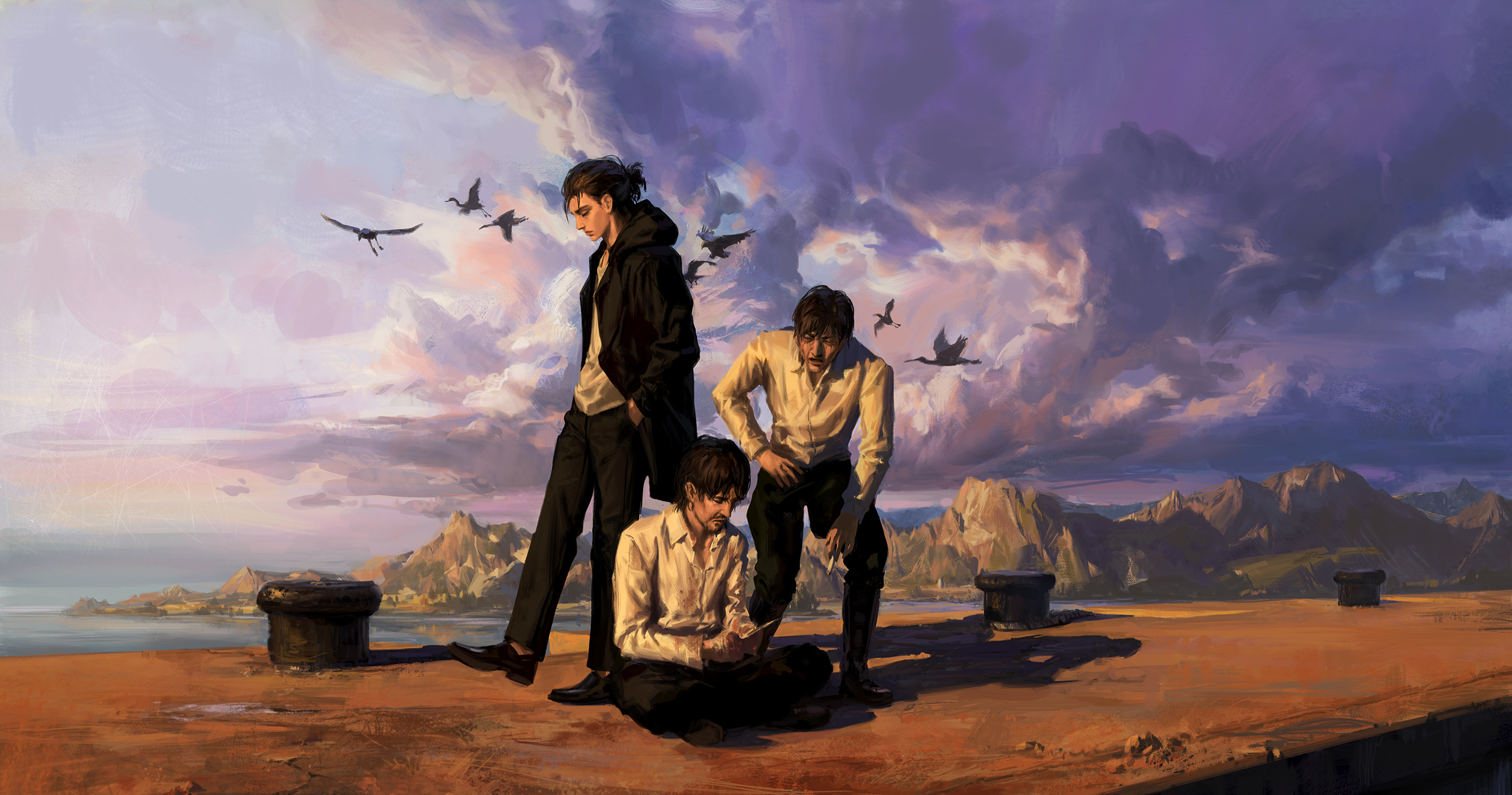 an artwork featuring three male characters, likely from the anime/manga series attack on titan. the characters are eren yeager, levi ackerman, and erwin smith. eren is standing on the left, levi is leaning over in the middle, and erwin is seated. they are on a pier or dock with water and mountains in the background. the sky is filled with dramatic clouds and birds are flying. the overall tone of the image is melancholic and introspective.