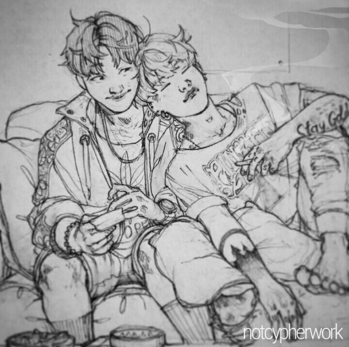 a black and white sketch of two boys, likely drawn in a manga art style, cuddling on a couch. the boy on the left is holding a gaming controller and smiling, while the boy on the right is sleeping on his shoulder. there are snacks and drinks on the coffee table in front of them.  the art style is soft and slightly messy, giving the impression of a relaxed and intimate scene.